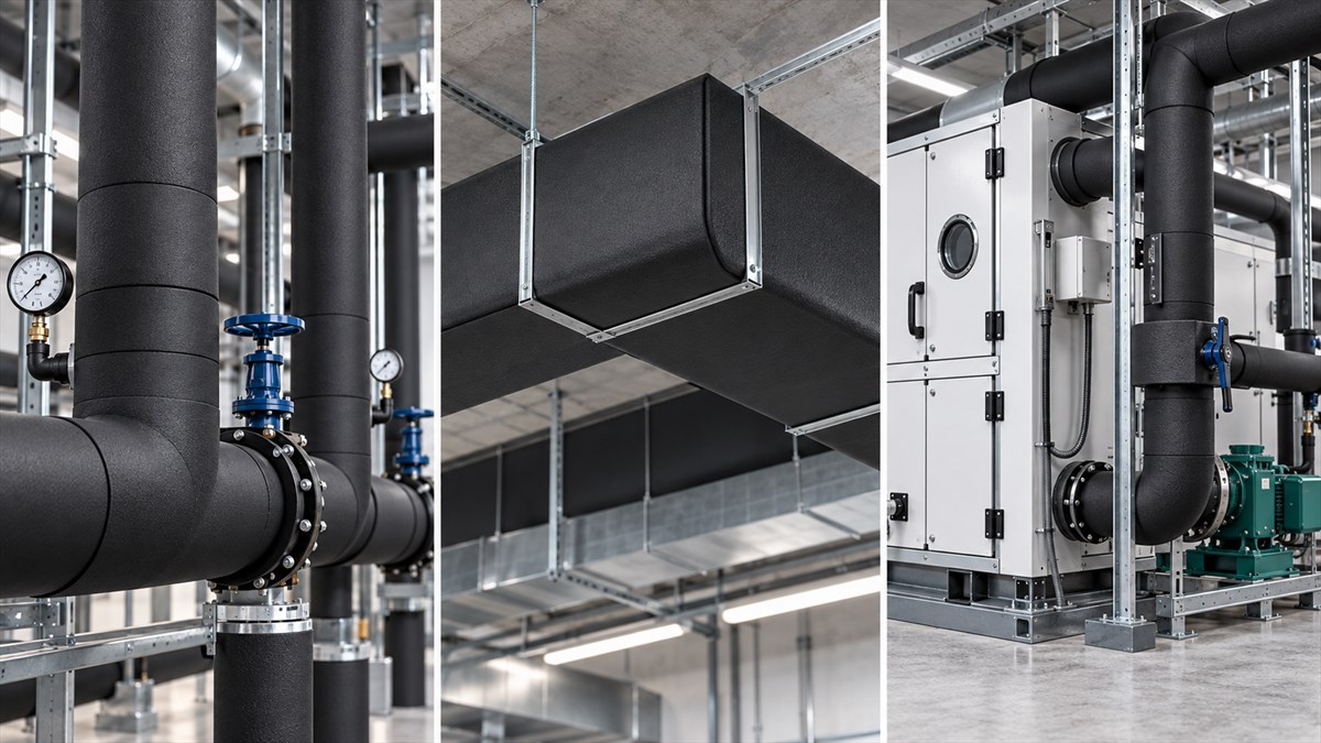 Elastomeric insulation applied to pipes, an air duct and HVAC equipment