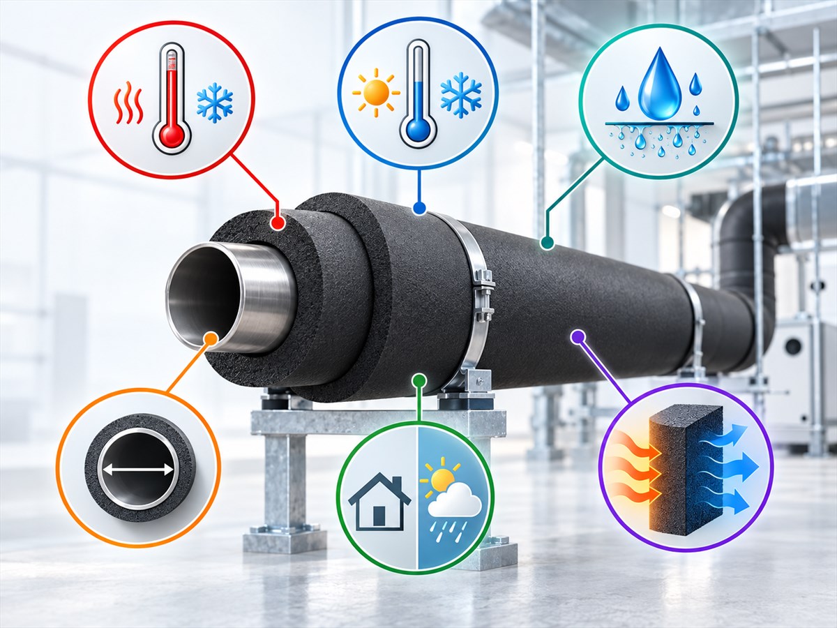 Insulated pipe diagram showing temperature, humidity, pipe diameter, installation location and heat transfer factors