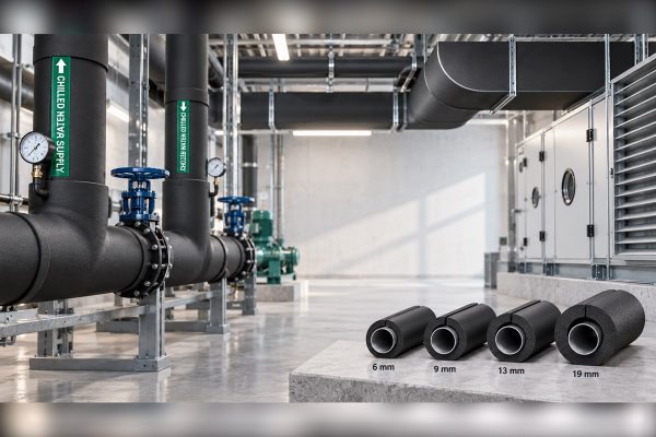 Insulated chilled-water pipes and HVAC ductwork beside 6, 9, 13 and 19 mm pipe insulation samples