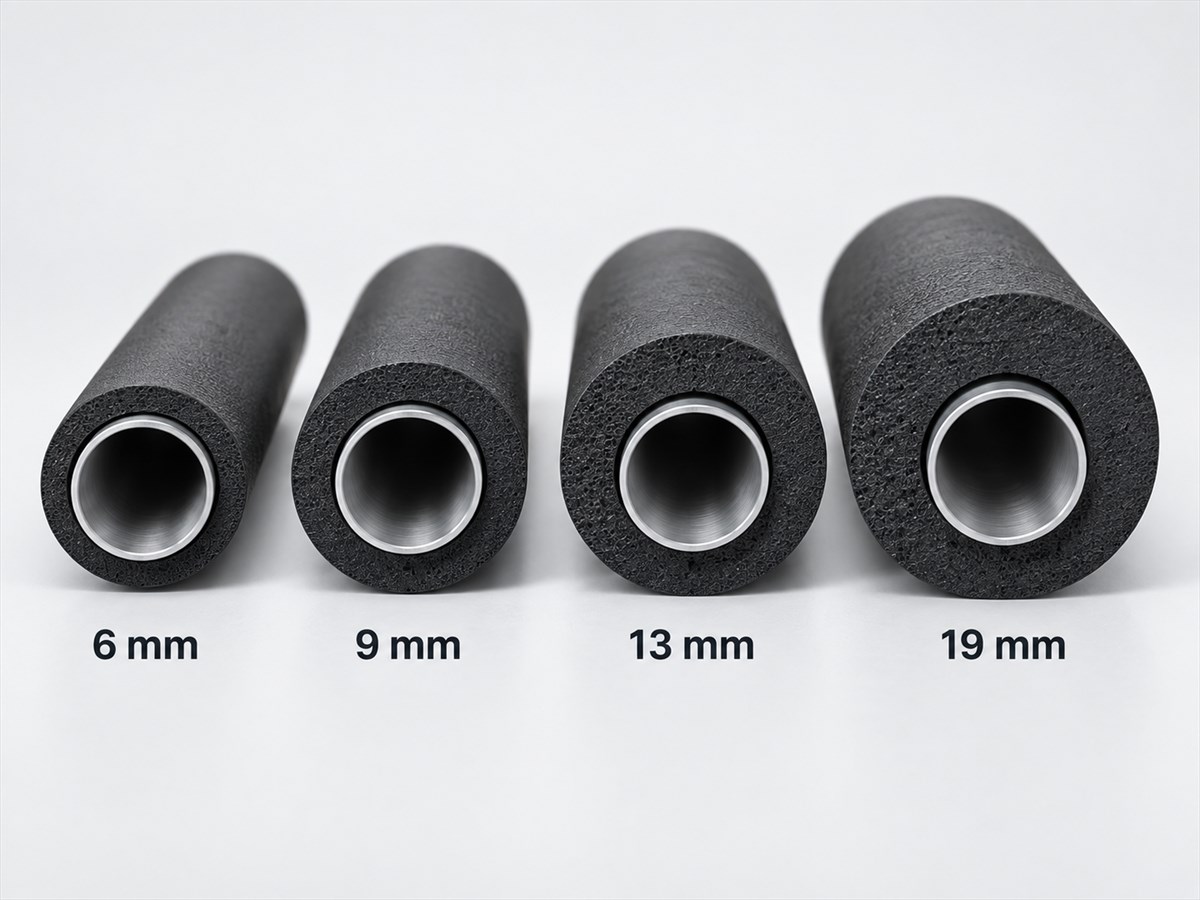 Four tubular elastomeric insulation samples labeled 6, 9, 13 and 19 mm